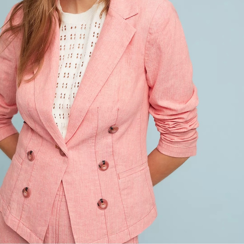 Anthropologie | Women's Blazer Seaboard Coral Pink Linen Cotton Blend‎